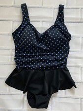 Longitude One-Piece 12 Skirted Swim Bathing Suit Black Blue Polka Dots