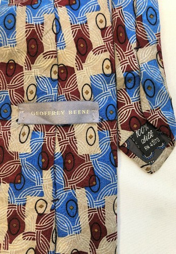 Geoffrey Beene Designer Neck Tie 100% Silk 57-1/2" x 4" Blue Red Tan #1096 - Picture 4 of 5