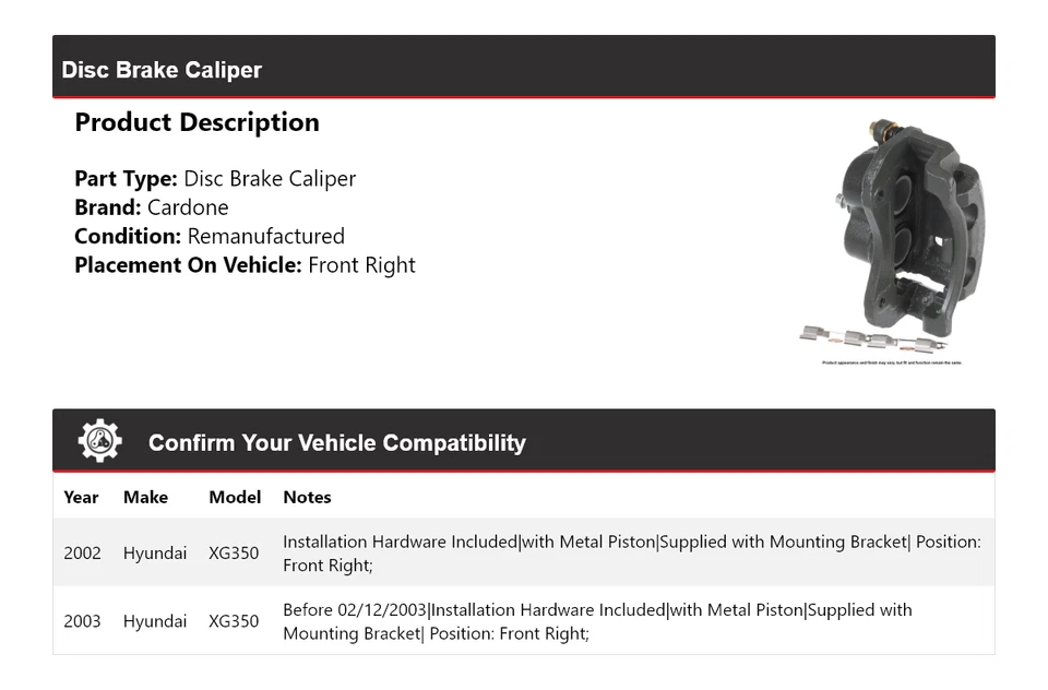 Pinza de freno de disco delantera derecha cardone para Hyundai XG350 2002-2003 Foto 2 de 4