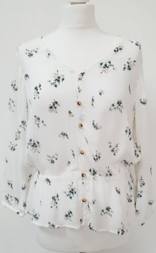 Ladies Button Through Wasted Floral Top Blouse Crinkle Ex M&S Cream rrp £27.50 - Picture 1 of 6
