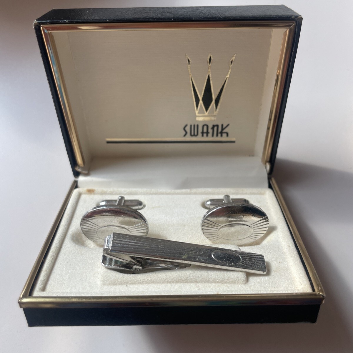 Vintage Swank Silver Tone Cufflinks, Tie Bar Tie Tack Set W/ Box