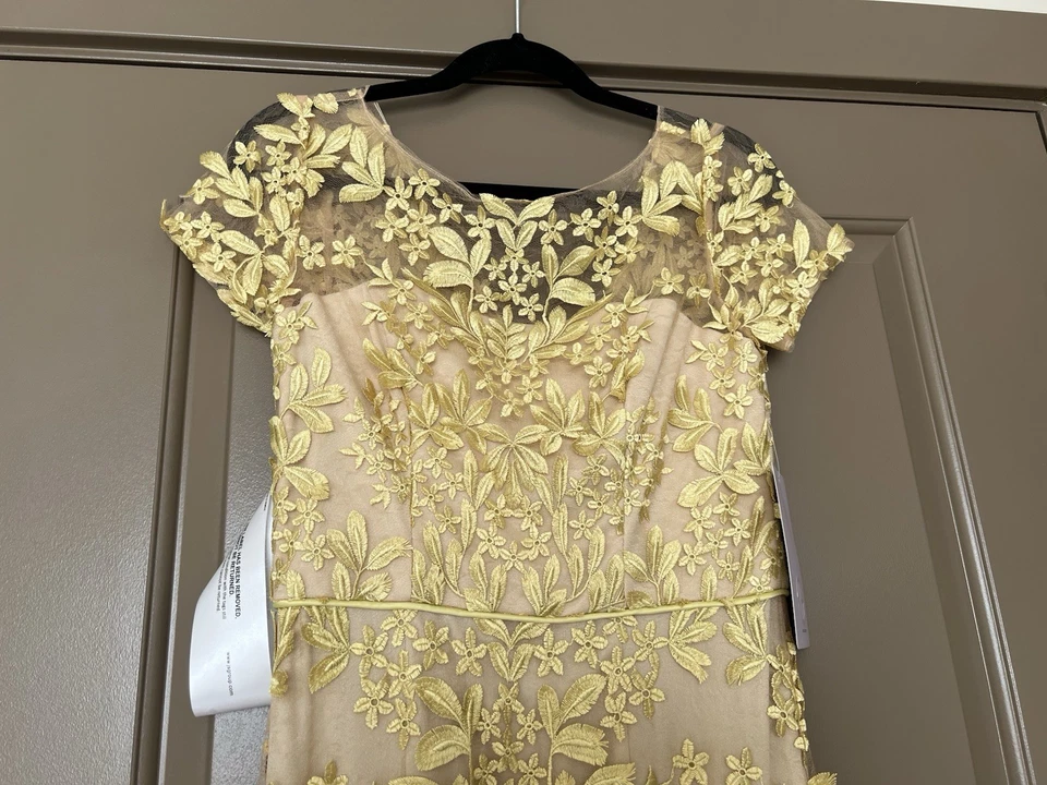 JS Collections - Illusion Neck Embroidered Mesh Dress Golden Yellow Nude Size 2 - Image 4 of 4