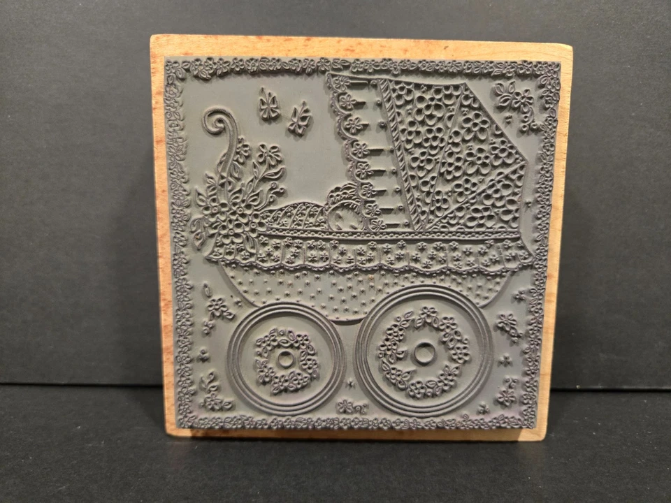 Sello de goma magenta de 1990, 17061-P, cochecito de bebé vintage, flores, floral Foto 2 de 3