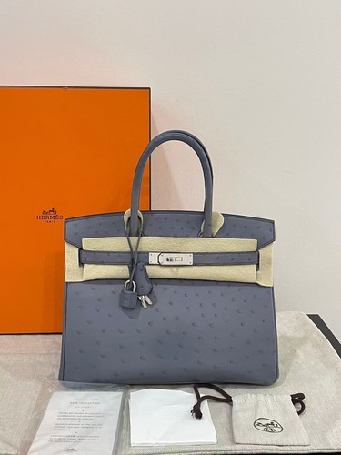 AUTH Hermès Birkin 30 Gris Perle Ostrich Leather Palladium Hardware Top Handle