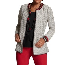 Chicos Women's Gray/Black Tweed Blazer Embellished Collar Size 2 Career Jacket