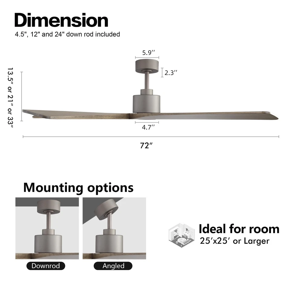 72 Inch DC Ceiling Fan No Light with 3 Downrods 5 Reversible Carved Solid Woo... - Image 3 of 4