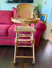 Antique Victorian Oak Convertible High Chair - Rocking Chair Carved Cane