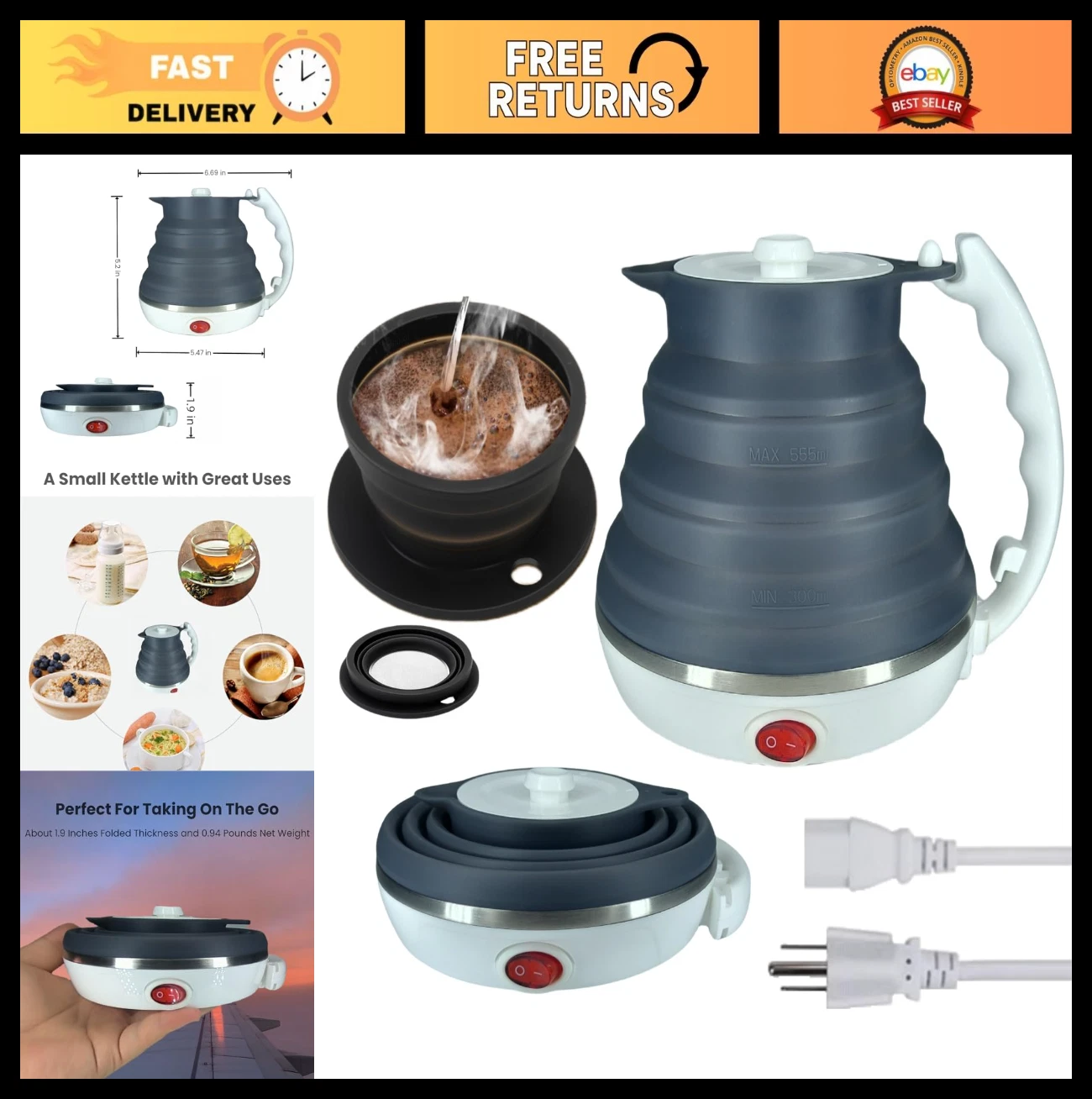Portable Travel Electric Kettle & Collapsible Pour Over Coffee Maker - Compact T