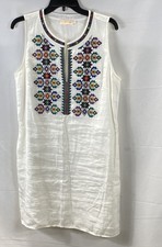 Tory Burch Women's White Embroidered Linen Tunic Dress Shift Sleeveless Size L