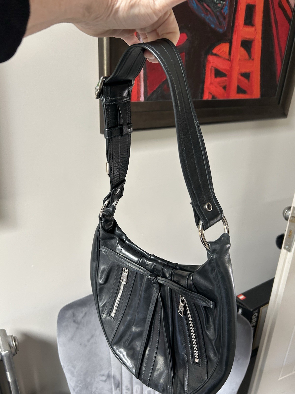 SAINT LAURENT Borsa da sera e dust bag YSL Rive Gauche in pelle nera mai indossata!