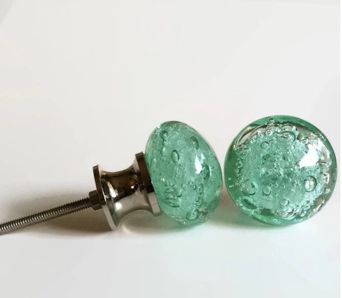Juego de 10 perillas de gabinete verde menta turquesa burbuja vidrio y níquel cepillado Foto 4 de 4