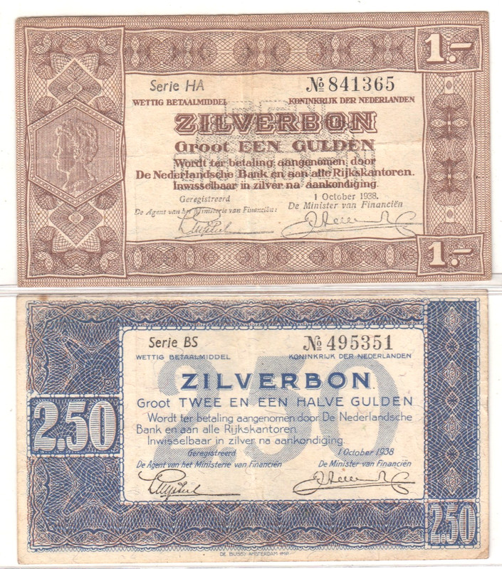 1938 Netherlands 1 & 2½ Gulden Zilverbon Dutch Banknote Circulated
