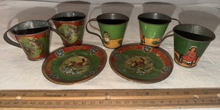 ANTIQUE 7 EARLY TIN LITHO TOY TEA DISHES 2 DIF SETS KIDS & FOX GRAPES CUP SAUCER
