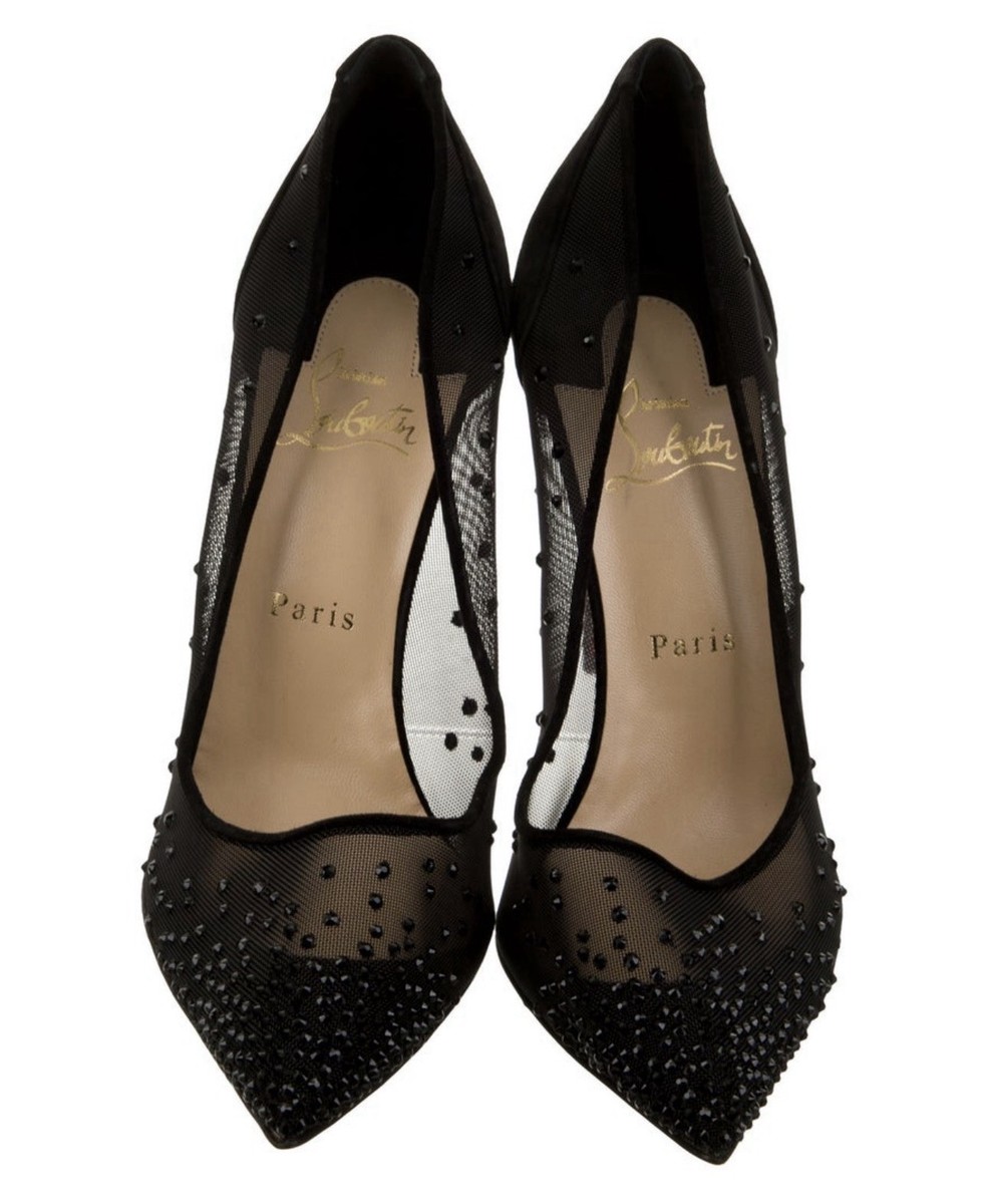 Christian Louboutin Follies Strass Black Crystal Mesh Pointed Toe