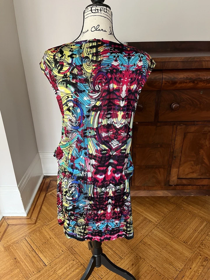 Custo Barcelona Colorful Dress Cap Sleeves Drop Waist Size Medium Boho V Neck - Image 4 of 4