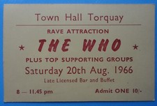 The Who Concert Ticket Aug 20th, 1966 Town Hall, Torquay, Devon, England