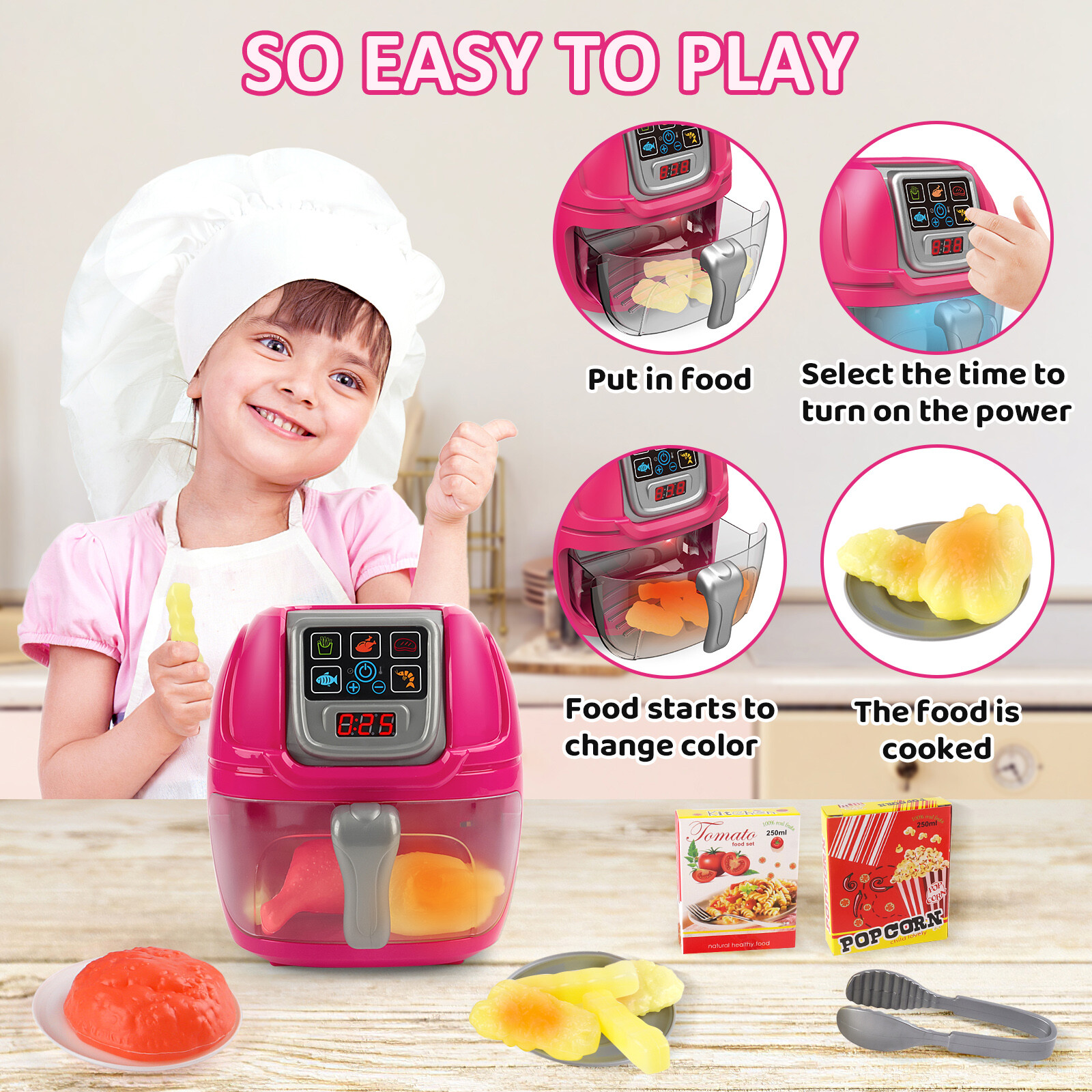 Pink Air Fryer Toy Pretend Play Toys Cooking Machine Role Play Set Kid