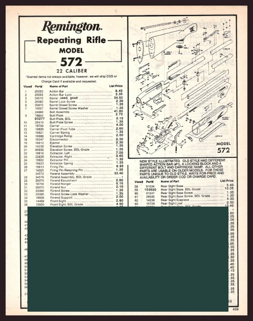 Remington Model 572 Repeating 22 Rifle Schematic Parts List Ad Ebay