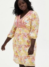 Torrid Dress Womens Plus 5X Yellow Pink Floral Gauze Embroidered 3/4 Sleeve Boho