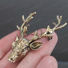 2"big VINTAGE BRASS Scottish stag head elk RETRO BROOCH shawl pin antique gold