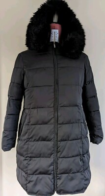 Jaeger Black Jacket Quilted Faux Fur Hood Padded Puffer Belt