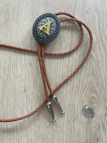 Southwestern Initial Bolo Tie - Personalized Gifts for Him Leather Cowboy Neckt - Picture 2 of 30
