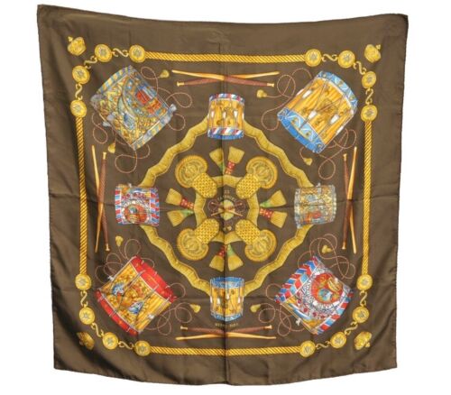 Authentic HERMES Carre 90 Scarf "LES TAMBOURS" Silk Brown K7851 - Picture 1 of 20