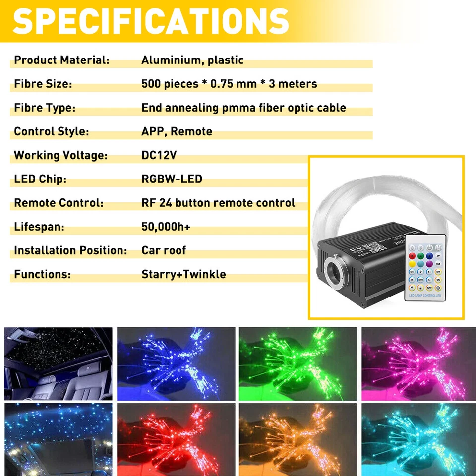 Kit de luces de techo estrella para techo de coche 500 piezas luces de techo centelleantes fibra óptica USEA Foto 2 de 4