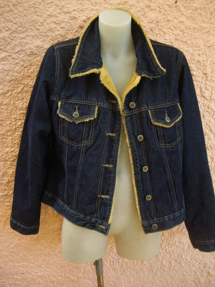 LADIES DARK BLUE COTTON DENIM & BROWN FAUX FUR LINED JACKET-SZ 12-14 VGC