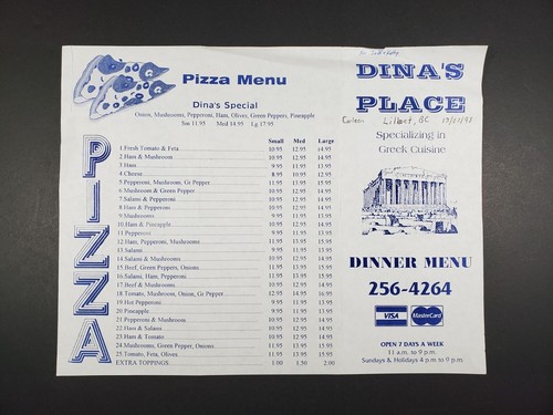 Restaurant Menu Dina’s Place Greek Cuisine Lillooet BC Canada Dinner Pizza VTG