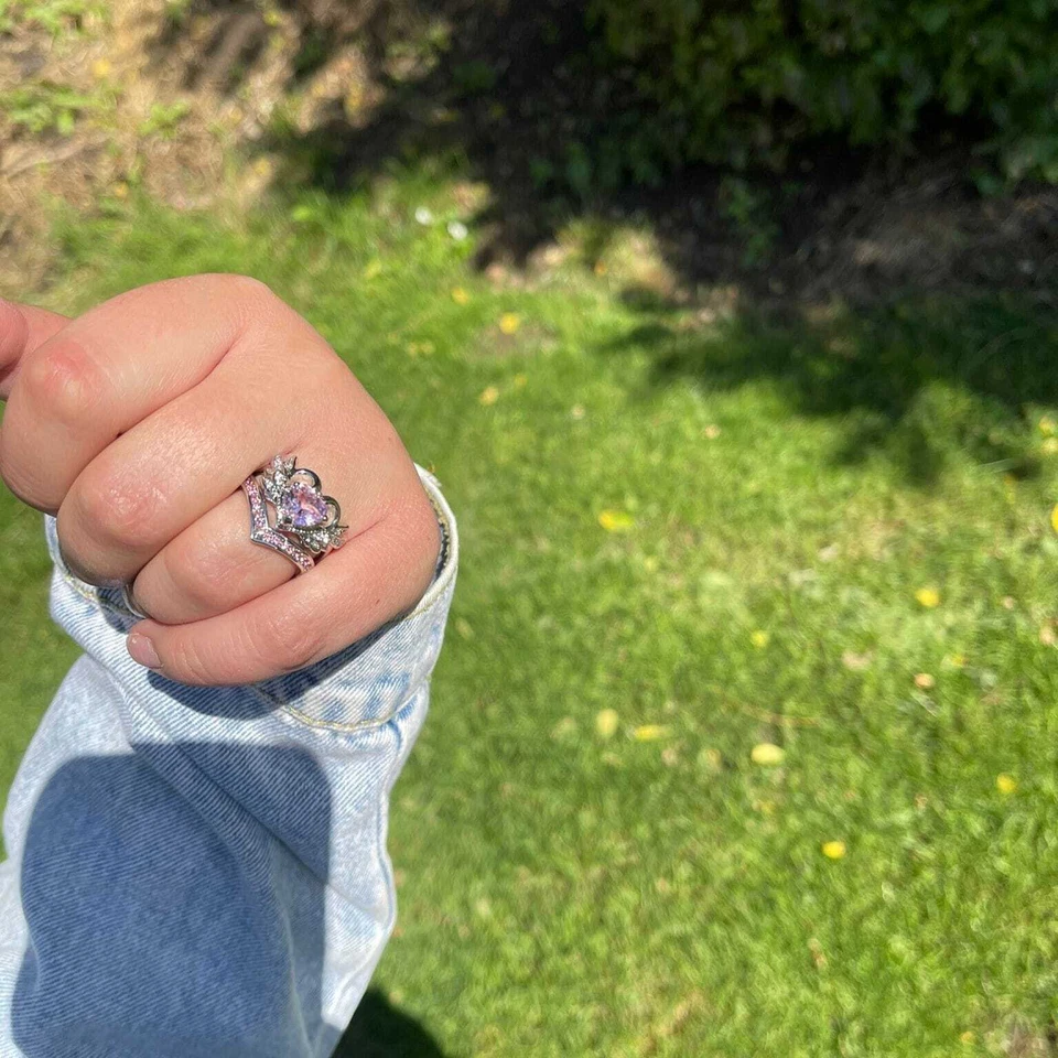 Damen Ring Sterlingsilber Überzug Silber Verlobungsring Doppelring Krone Herz - Bild 3 von 4