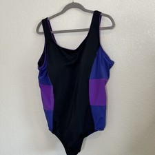 Lands End Swimsuit 24W Black Purple One Piece Colorblock Built In Bra Beach