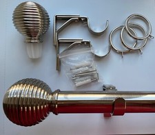 Image of 35mm Metal Curtain Pole, Ribbed Ball Finial, 180cm, Satin Steel,