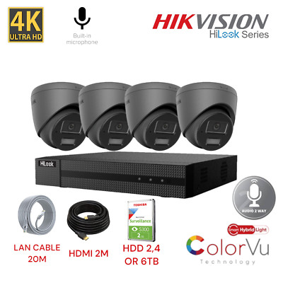 HiLook 4K ColorVu PoE NVR CCTV System | IP Kameras Audio Mikrofon Outdoor Kit Grau
