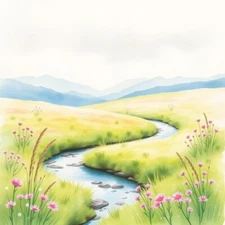 Digital picture painting wildflower,canal, farm and mountain art printable file