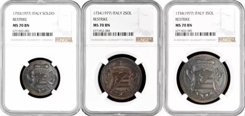 Gorizia 1, 2, 3 soldi 1733-34 (1977), NGC MS70 BN RESTRIKE, "County (1733-1802)"