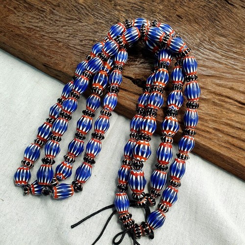 Vintage blue chevron beads venetian african beads long strand