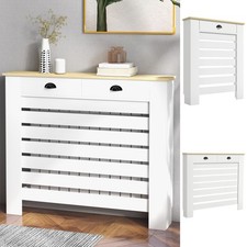 Heating Radiator Cover with Drawer, MDF Wood, Horizontal Slat, White