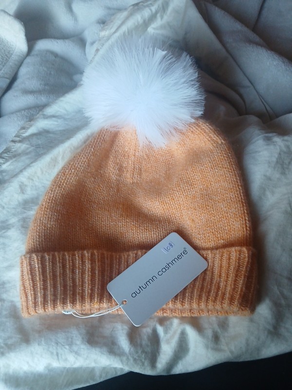 Autumn Cashmere Orange Cream Beanie with Fox Fur Pom Pom Brand New With Tags