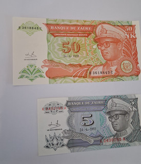 2 Billets 5 et 50 Zaires 1993 NEUF Congo République démocratique Zaire