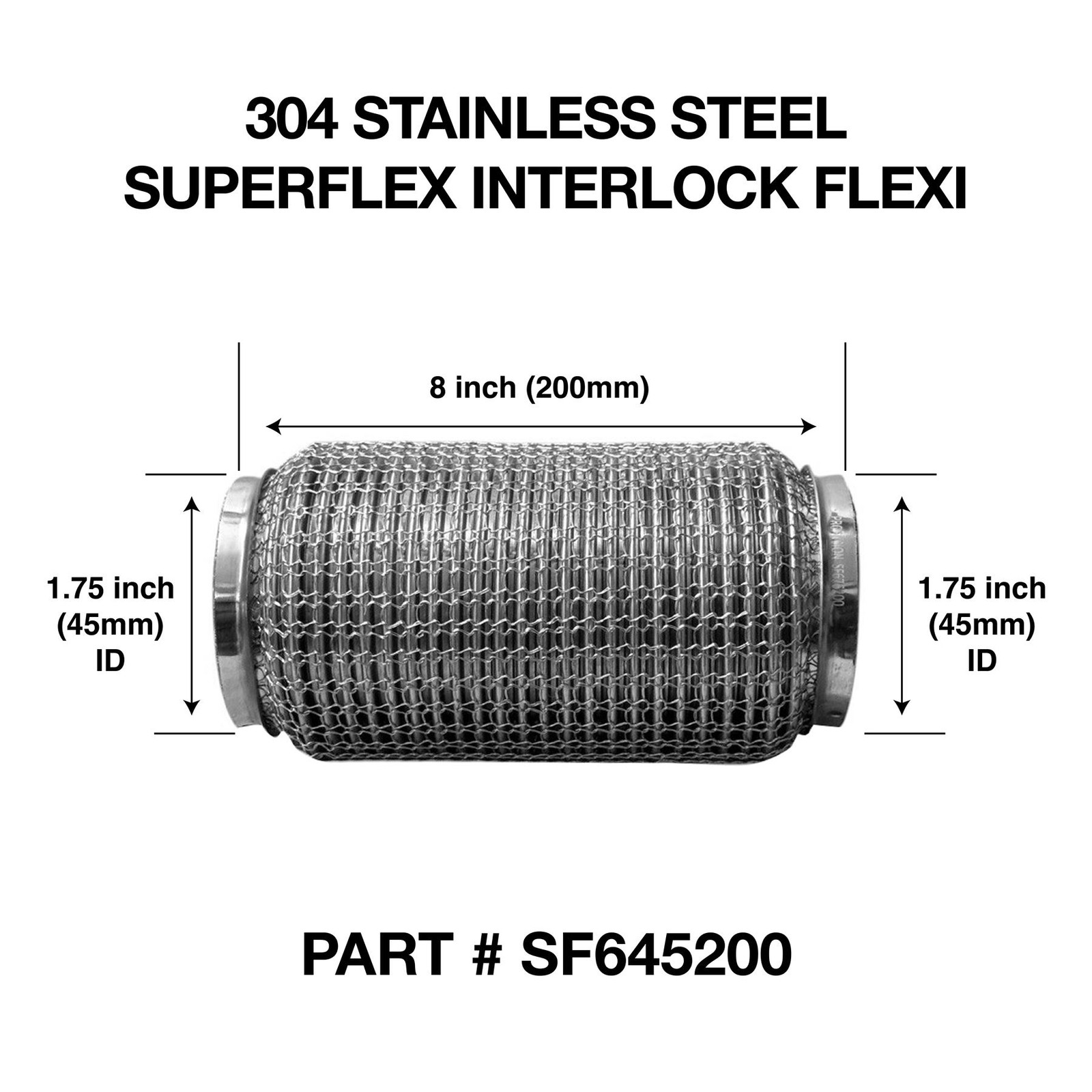 45mm x 200mm Soft Superflex Weld On 304 Stainless Steel Exhaust Flexi Tube Pipe