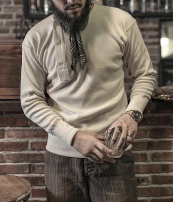 100% Cotton 14 oz Side Closing Henley Shirt Beige Bronson Mfg Co. Long Sleeve XL