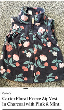 Carter's Floral Fleece Full Zip Vest Sleeveless Charcoal Pink Mint 18m