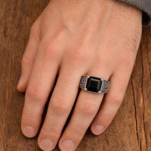 Men 925 Sterling Silver Black Onyx Ring Bohemian Statement Band Jewelry