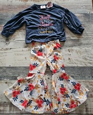 Ruffle Girl Floral Pants Set Navy Long Sleeve Top Girls Size S Fall Theme 2/3 yr