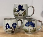 Vintage Speckled Stoneware Mugs Handpainted Floral Design Made In Japan
