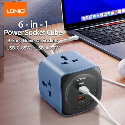 LDNIO 6-in-1 Steckdose Cube 3 Gang mit 65W USB-C | 30W USB-A | 2m Kabel