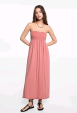 Mango Ruched Strapless Midi, Maxi Dress XS Pink NWT Cotton Blend , Smocked Bust