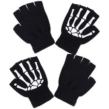 2Pairs Skeleton Gloves Black Half Finger Warm Gloves for Halloween Party