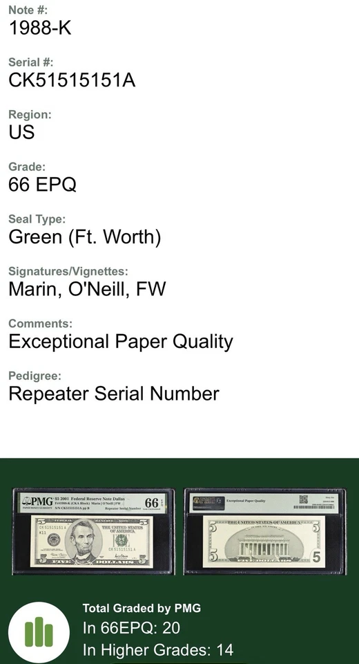 2001 $5 FRN PMG 66 EPQ – Repeater Fancy Serial CK51515151A – Dallas Note GEM - Image 3 of 3